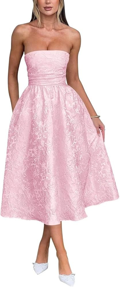 Strapless Jacquard Floral Satin Prom Dresses with Pockets A Line Tea Length Evening Party Gowns | Amazon (US)