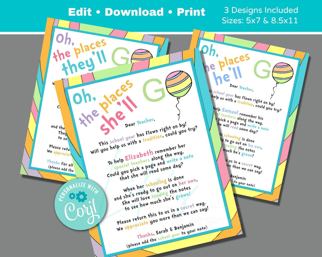 Oh the Places You'll Go Instruction Letter for Teachers to Sign Book Kindergarten End of Year Gif... | Etsy (US)