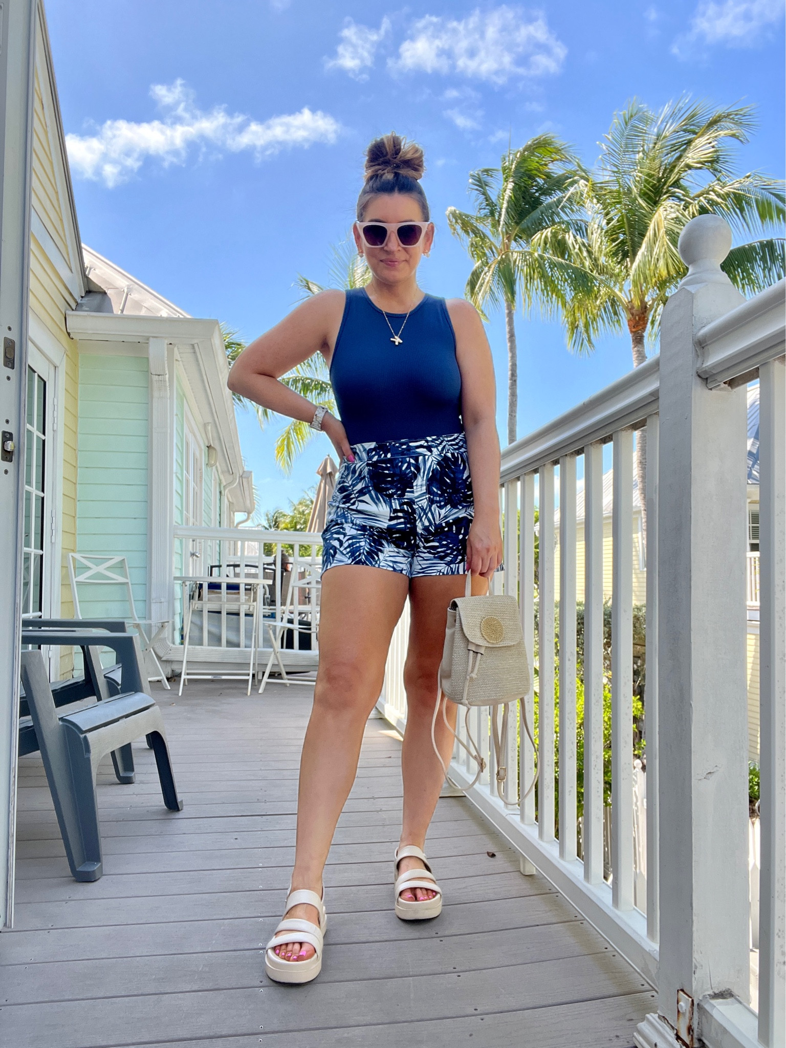 Amazon bodysuit, Spanx palm leaf print pull on shorts, sandals, gold jewelry, sunglasses, straw handbag, backpack, casual outfit, vacation outfit, summer outfit 

#LTKitbag #LTKfindsunder50 #LTKstyletip