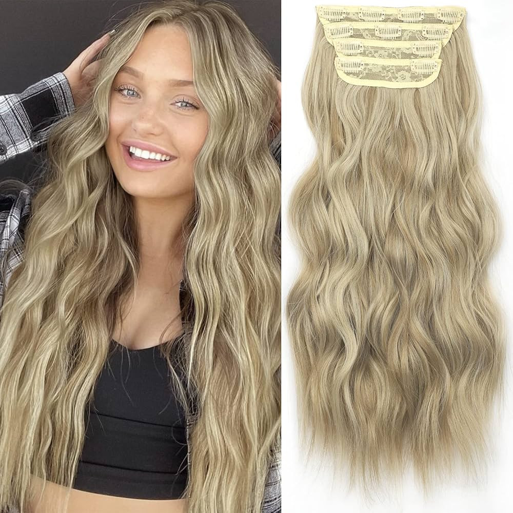 KooKaStyle Clip in Synthetic Hair Extensions Long Wavy 4PCS Thick Hairpieces Light Blonde Mix Gol... | Amazon (US)
