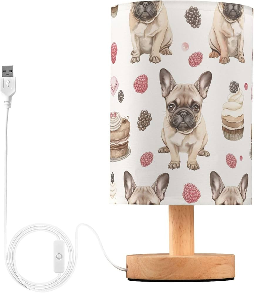 Table Lamp French Bulldog Puppy Dessert Cake Fruit Nightstand Lamp with Wood Base Fabric Lamp Sha... | Amazon (US)