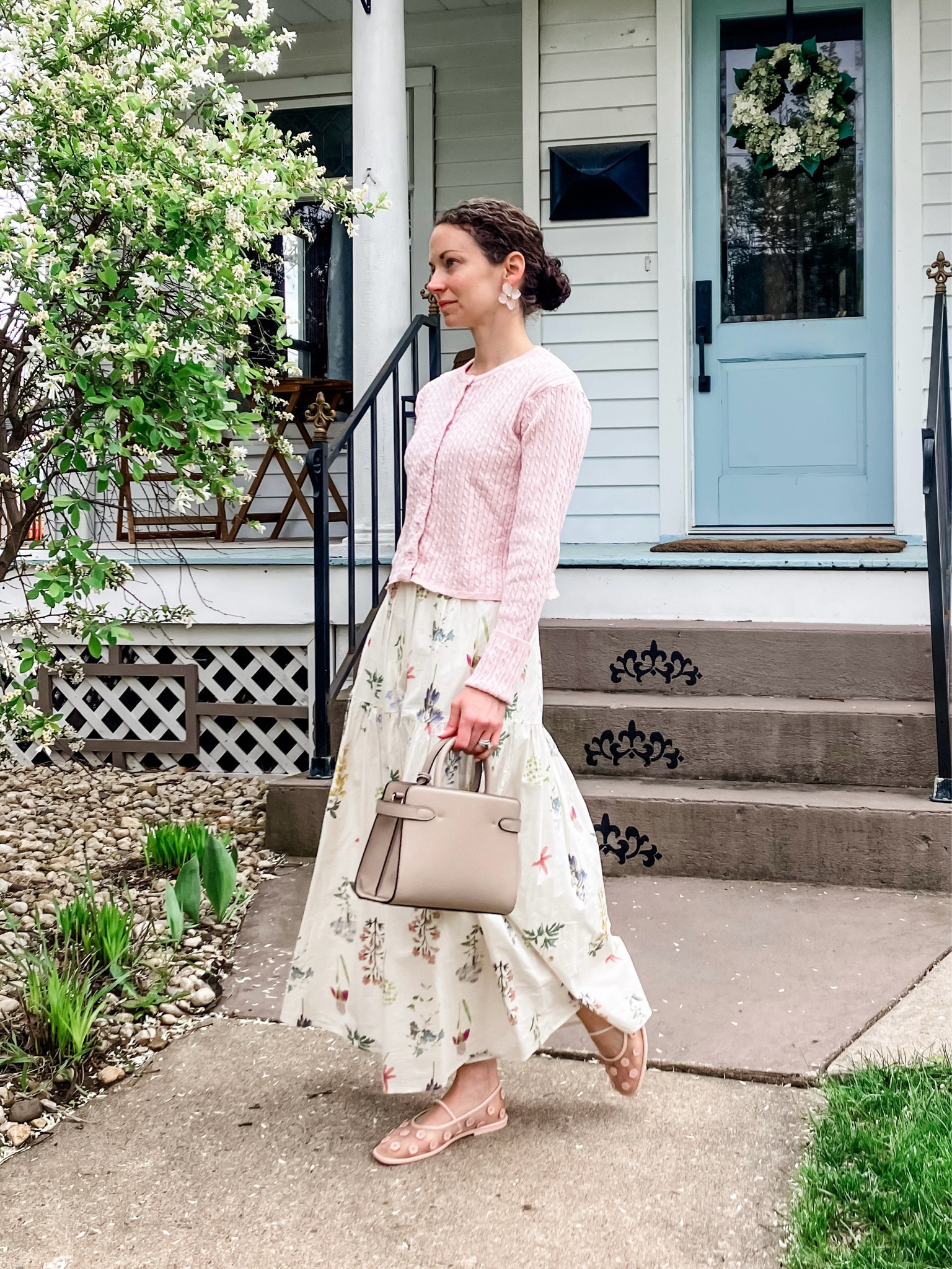 A pink and white cotton church  outfit for spring!
Pink cropped cable knit cardigan is from a local boutique, linking similar. 
White floral cotton skirt from @Chicwish 
Large floral earrings are old, linking similar. 
Leather handbag from Le Tanneur. 
Pink mesh ballet flats are old from Coach, linking similar. 
Petite outfit. Spring outfit. Preppy outfit. Classic outfit. 

#LTKgrwm #LTKMothersDay #LTKOver40