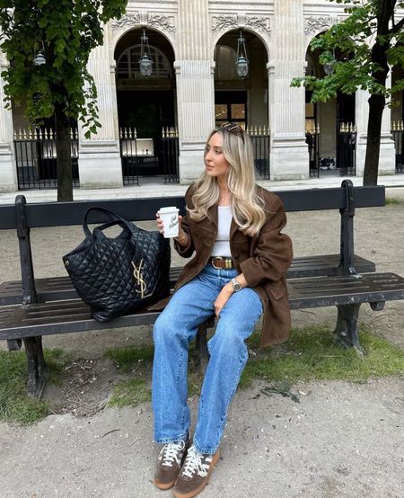 Paris Spring Coffee Run Outfit

Source Unknown brown oversized suede blazer jacket, Levi’s blue jeans, Adidas Spezials, YSL quilted tote, Zoira leather belt, Vehla Dixie sunglassess

#LTKSeasonal #LTKtravel #LTKitbag
