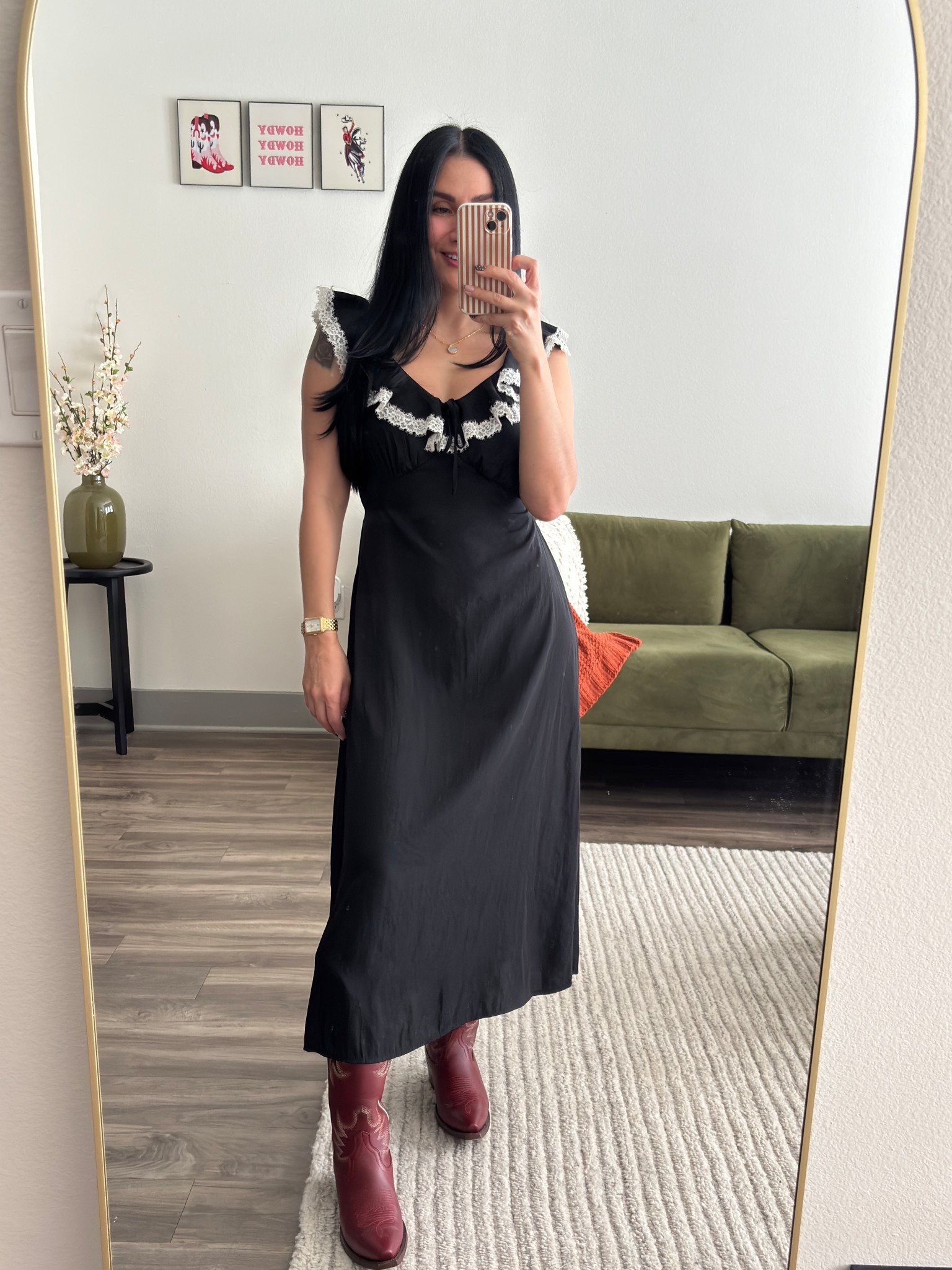 🖤✨ A little lace, a little drama
Black ruffle lace midi dress outfit 🖤 • Western red boots outfit ❤️👢 • A-line dress look ✨ • Black & white dress aesthetic 🤍🖤 • Statement boots moment 🔥 • Holiday outfit idea 🎄 • Western chic vibes • LTK dress finds • Bold yet classic look ❤️🖤

#LTKootd #LTKSeasonal #LTKHoliday