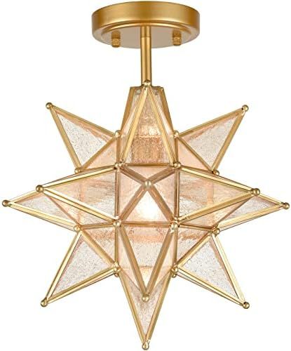 Moravian Star Ceiling Light Seeded Glass | Gold Light | Semi Flush Mount Ceiling Light Rustproof Gol | Amazon (US)