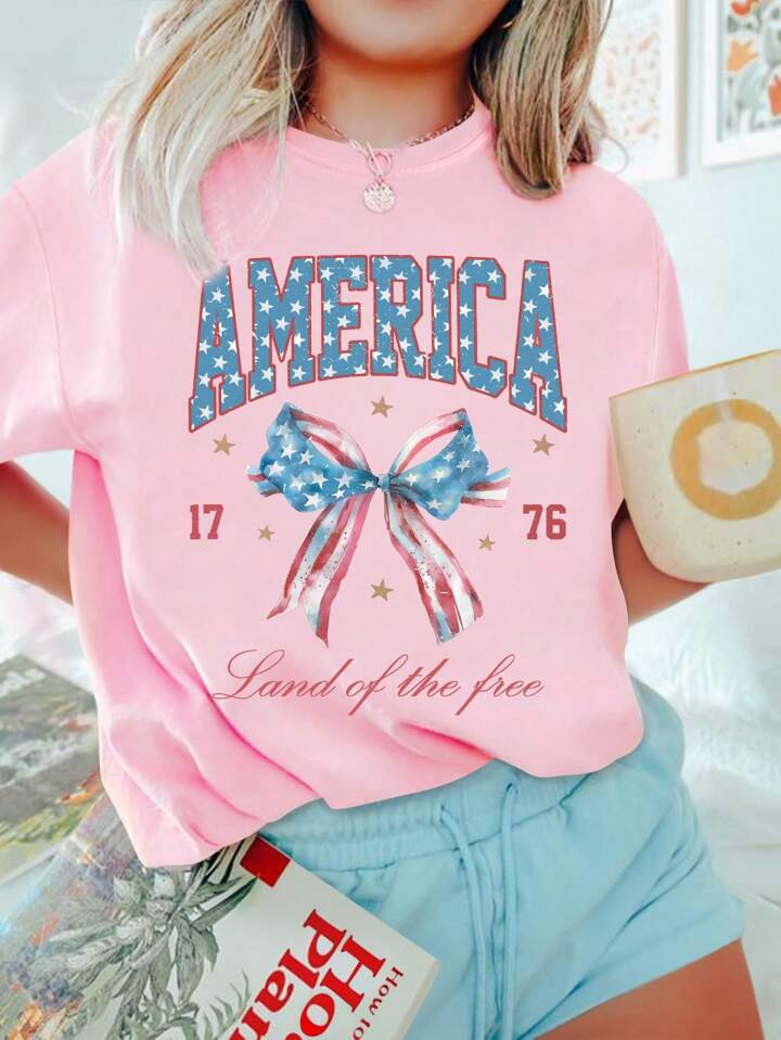 SHEIN Essnce Plus Size Women Summer Short Sleeve Casual T-Shirt With Letter And Bow Knot Print | SHEIN