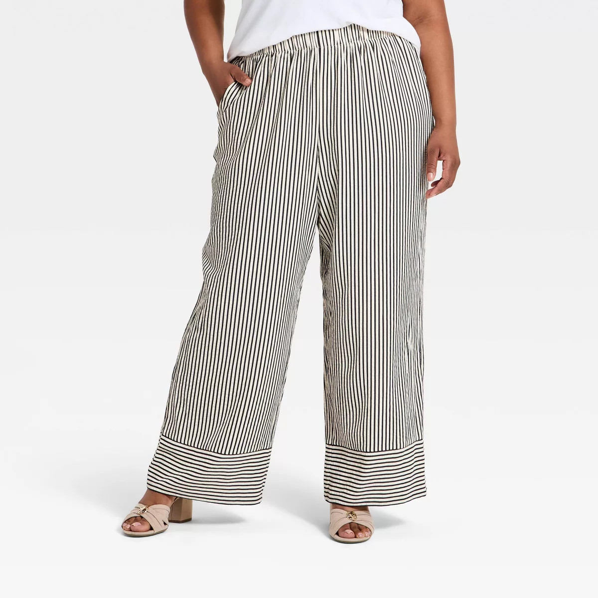 Women's Straight Leg Pull-On Pants - Ava & Viv™ Cream/Black Striped 1X | Target