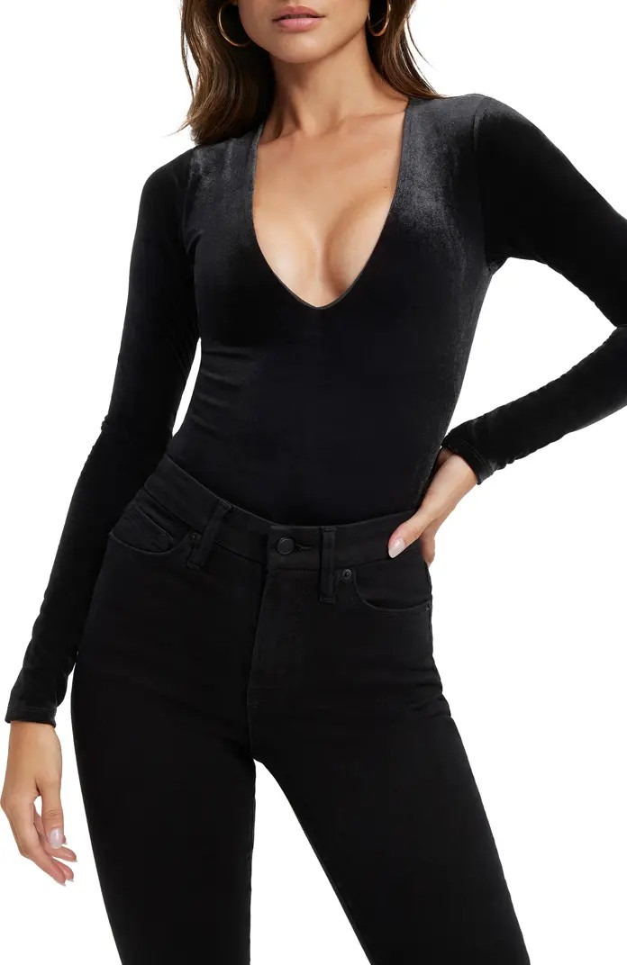 Good American Plunge Neck Long Sleeve Velvet Bodysuit | Nordstrom | Nordstrom