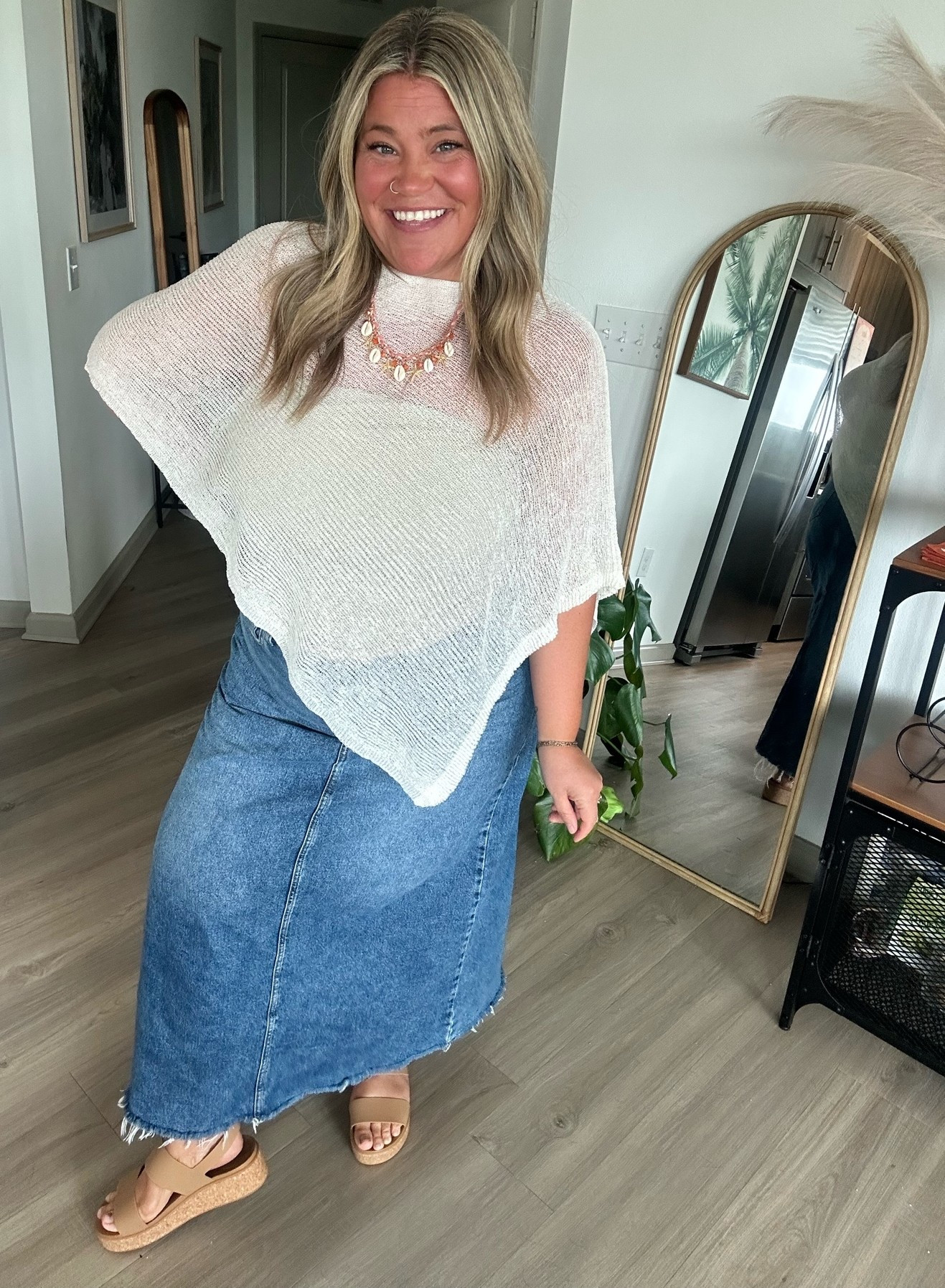 Poncho is one size, tube top underneath his XL, denim skirt is size 14, crocs are size 8

#LTKMidsize #LTKootd