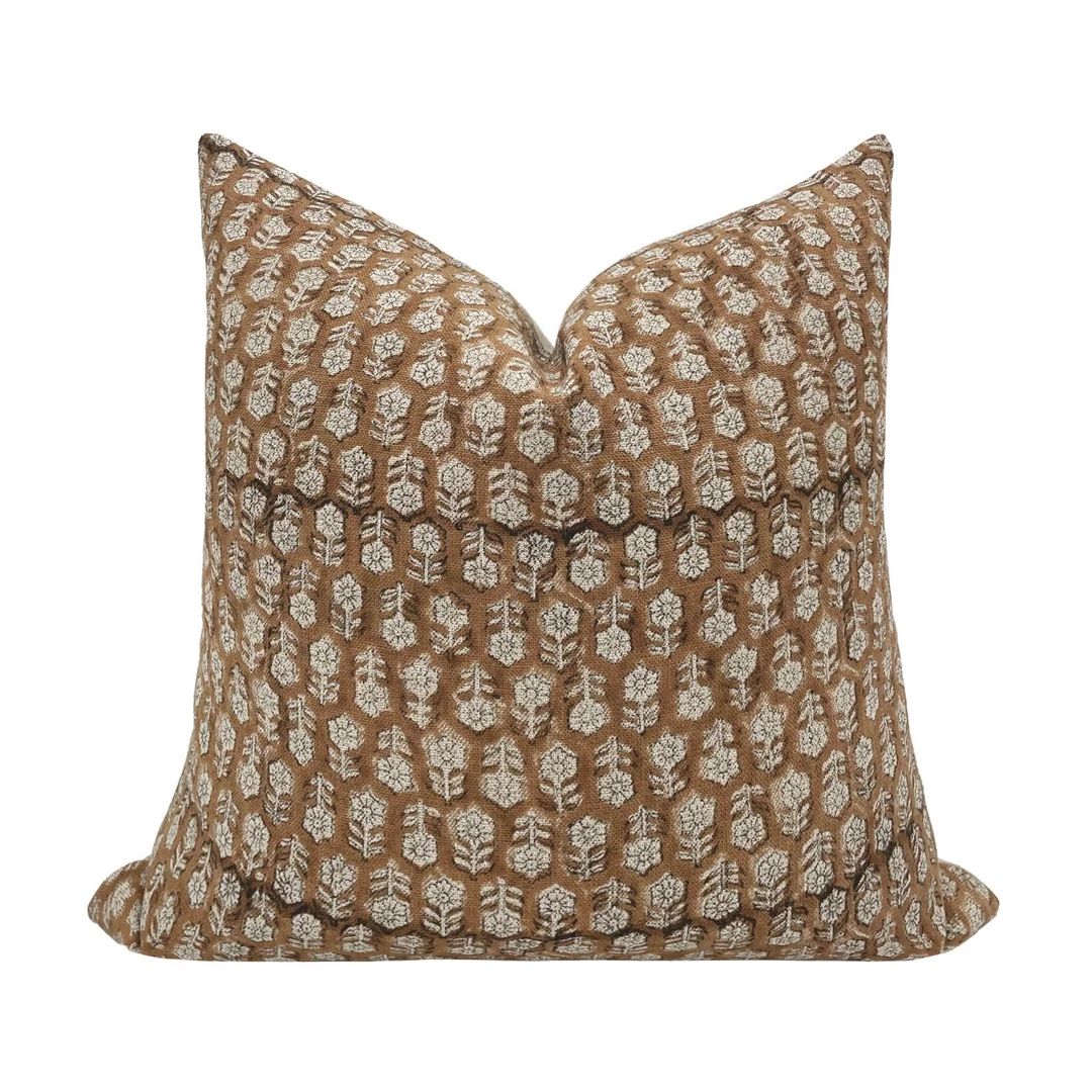 VIENNA Designer Floral Linen Pillow Cover Brown Caramel - Etsy | Etsy (US)