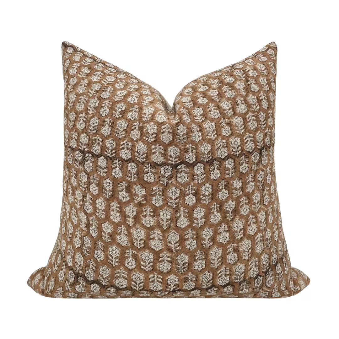 VIENNA Designer Floral Linen Pillow Cover, Brown Caramel Pillow, Block Print Pillow, Block Linen ... | Etsy (US)