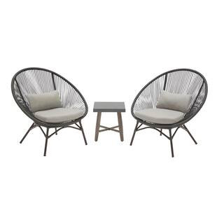 StyleWell Dark Gray 3-Piece Steel Papasan Rope Outdoor Patio Conversation Seating Set with Gray C... | The Home Depot