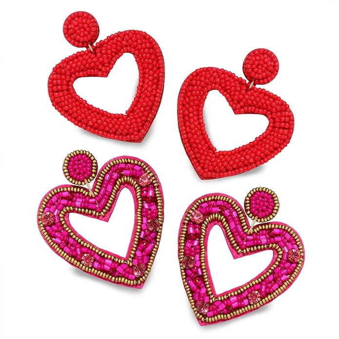 YAHPERN 2 Pairs Beaded Heart Earrings Valentine’s Day Earring for Women Handmade Love Heart Dro... | Amazon (US)