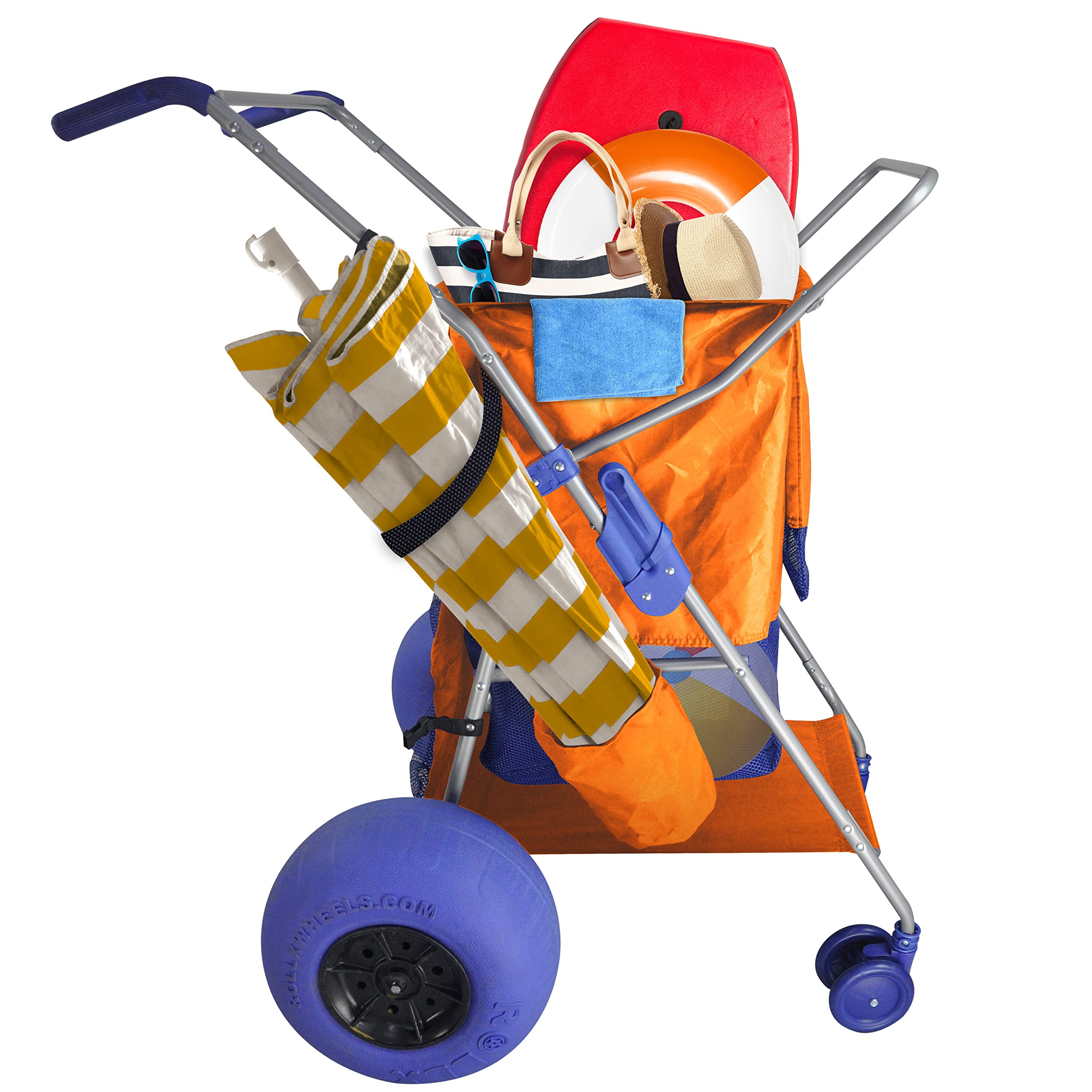 RollX Beach Cart with Big Balloon Wheels for Sand, Foldable Storage Wagon with 13 Inch Beach Tires (Pump Included) (Orange) | Amazon (US)