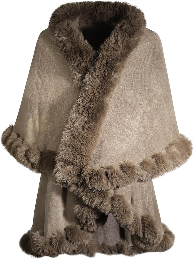 ZLYC Women Fine Knit Open Front Faux Fur Trim Layers Poncho Cape Cardigan Sweater | Amazon (US)