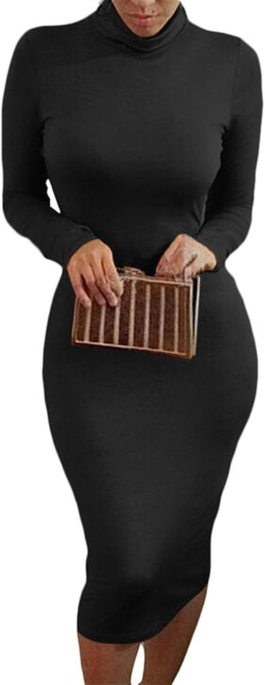 Pink Queen Womens Sexy Fall Knit Dress High Neck Long Sleeve Bodycon Midi Winter Dresses | Amazon (US)