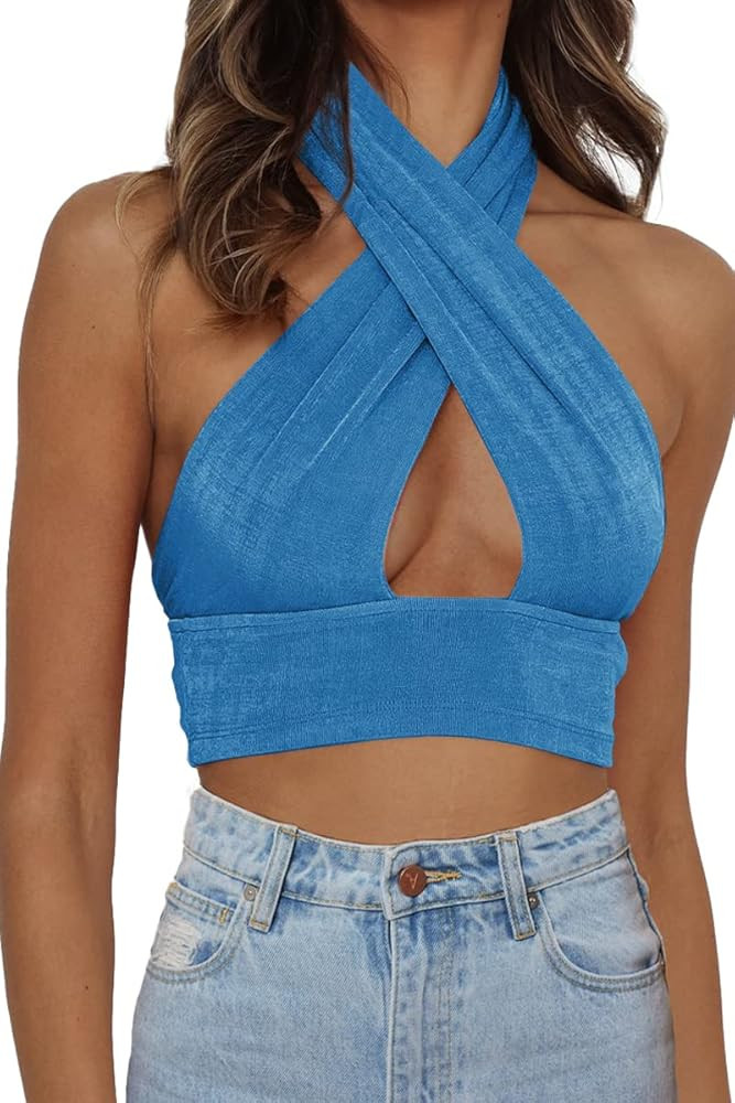 Dealmore Women's 2023 Summer Crop Top Halter Neck Criss Cross Backless Tops Sexy Going Out Y2k Cami  | Amazon (US)