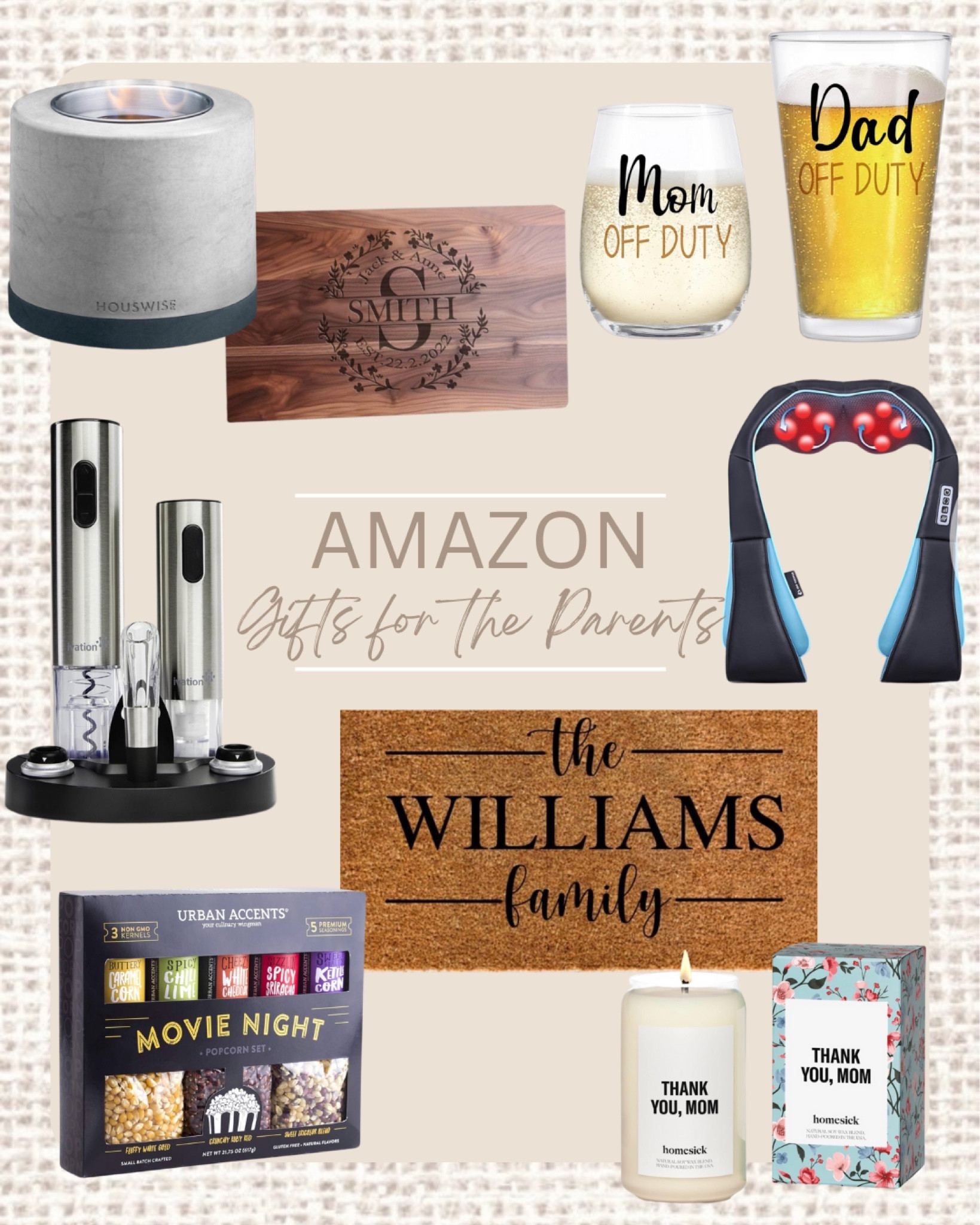 GIFT GUIDE- amazon gifts for the parents

Parent gift ideas, holiday gift guide, holiday gift ideas, Christmas gifts for the parents, Christmas gift idea, candle, mom candle, movie popcorn set, mom and dad engraved beer and wine glass, monogram charcuterie board, monogram door mat, neck massager, mini tabletop fire pit, roasting marshmallows table top fire pit, s’mores kit, wine gift set, electric wine opener, wine aerator, wine stoppers, electric vacuum wine preserver, wine foil cutter, led charging base for the wine set, gift ideas 
#parentsgifts, #giftguideforparents, #parentgiftguide, #amazongiftguide


#LTKHoliday #LTKGiftGuide #LTKfindsunder50