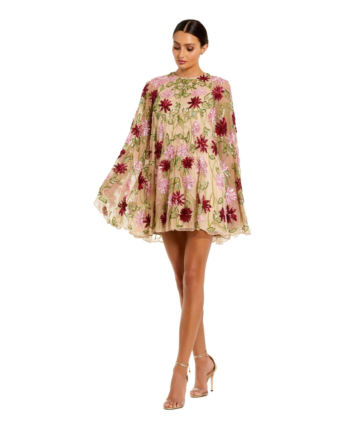 Mac Duggal Women's Floral Beaded Mesh Shawl Mini Dress - Nude multi | Macy's