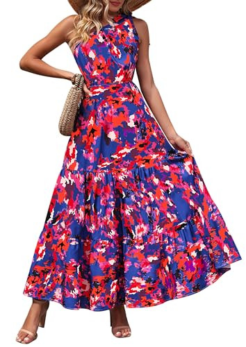 PRETTYGARDEN Women's Summer Floral Maxi Dress Knot One Shoulder Sleeveless Ruffle Flowy Boho Beach Wedding Guest Dresses (Dark Blue Orange Floral,X-Large) | Amazon (US)