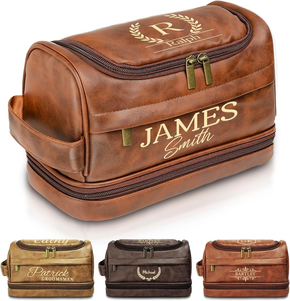 Personalized Toiletry Bag for Men, Custom Leather Travel Shave Kit Cosmetic Hygiene Bag, Engraved... | Amazon (US)