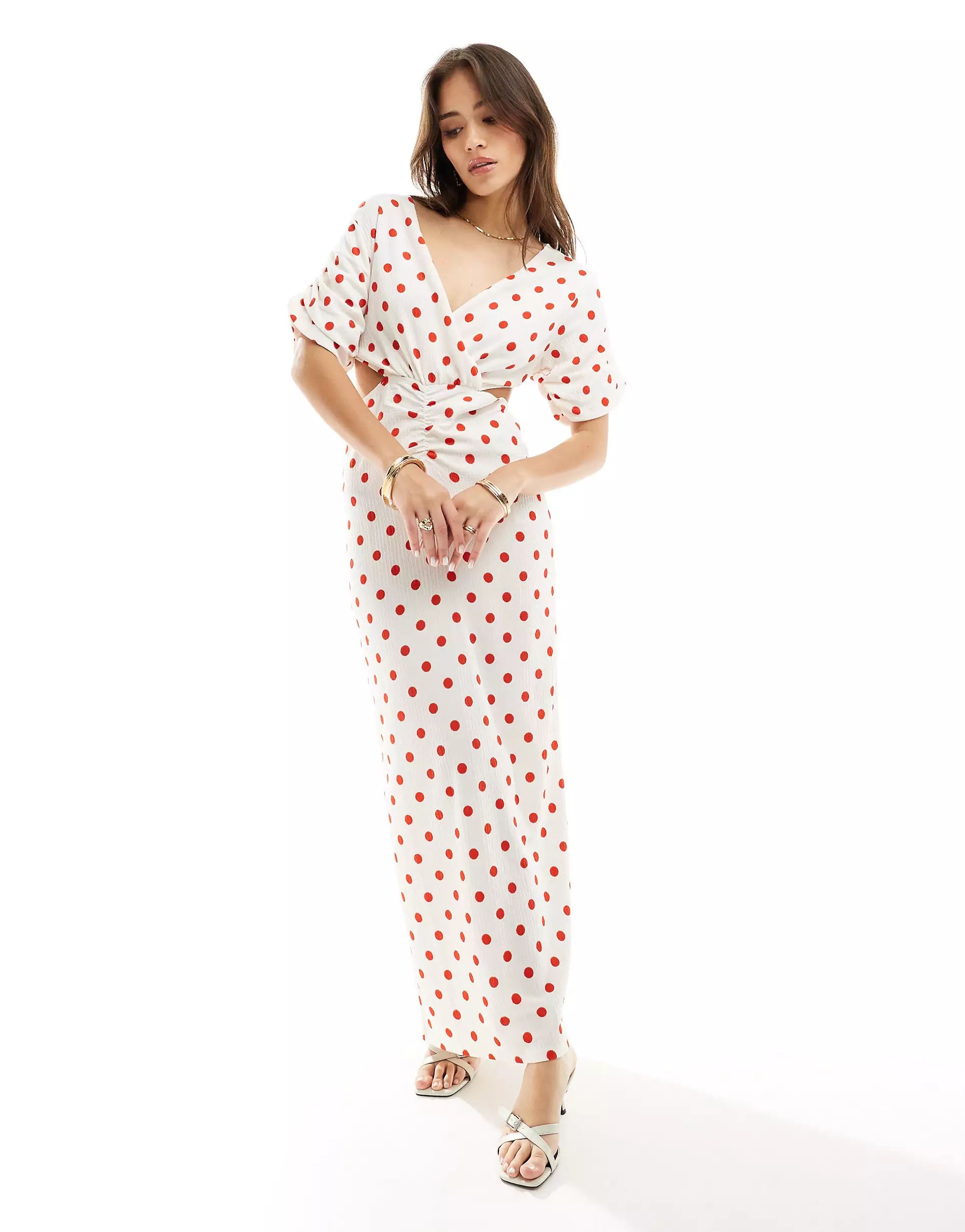 Y.A.S cut out side maxi dress with puff sleeve in white and red polka dot | ASOS | ASOS (Global)