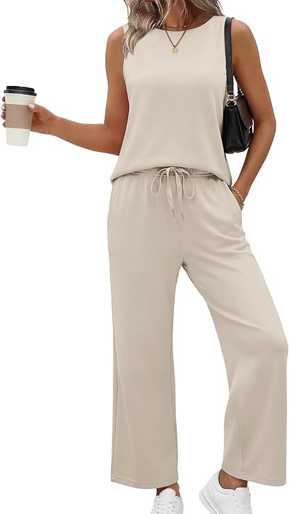 SAMPEEL Two Piece Sets for Women Summer Outfits Beach Vacation Clothes Wide Leg Crop Pants | Amazon (US)