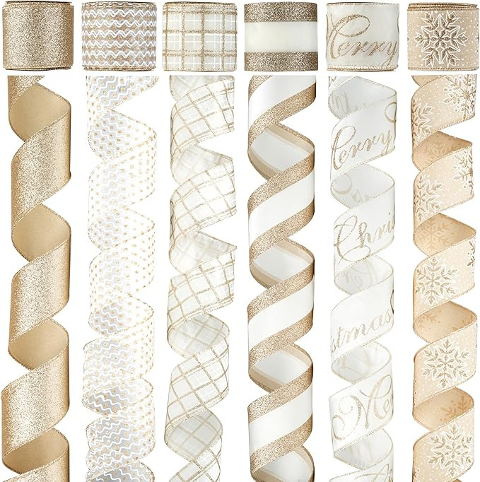 Champagne Christmas Ribbon Wired 2.5 Inch, 6 Rolls 36 Yards Glitter Champagne Gold Christmas Tree... | Amazon (US)