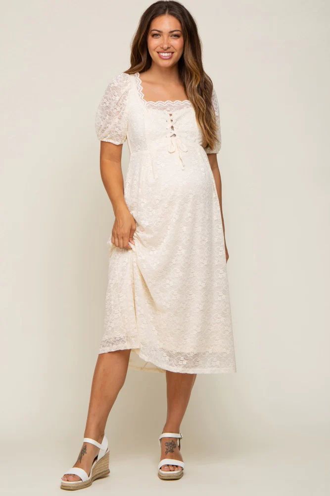 Cream Lace Cutout Maternity Midi Dress | PinkBlush Maternity