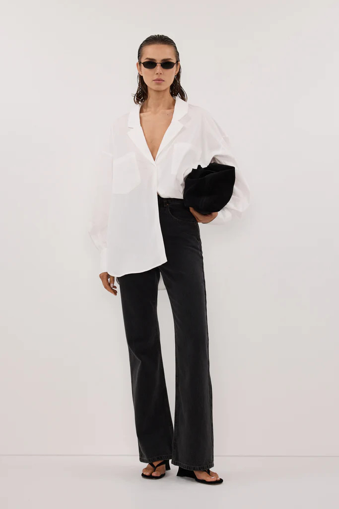 IRENE WHITE LONG SLEEVE NOTCH COLLAR SHIRT | DISSH