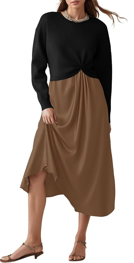 Womens Sweater Dress Trendy Color Block Fall Winter Long Sleeve Dresses with Silky Smooth Hem | Amazon (US)