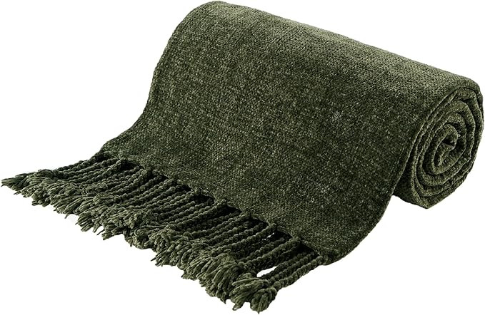 BATTILO HOME Olive Green Throw Blanket for Couch Bed Sofa, Soft Cozy Chenille Throw Blanket with ... | Amazon (US)