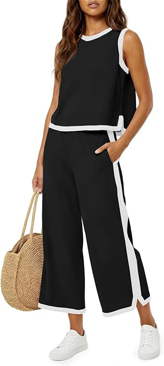Fisoew Womens 2 Piece Outfits Summer Sleeveless Wide Leg Capris Tracksuits Casual Cotrast Colors ... | Amazon (US)