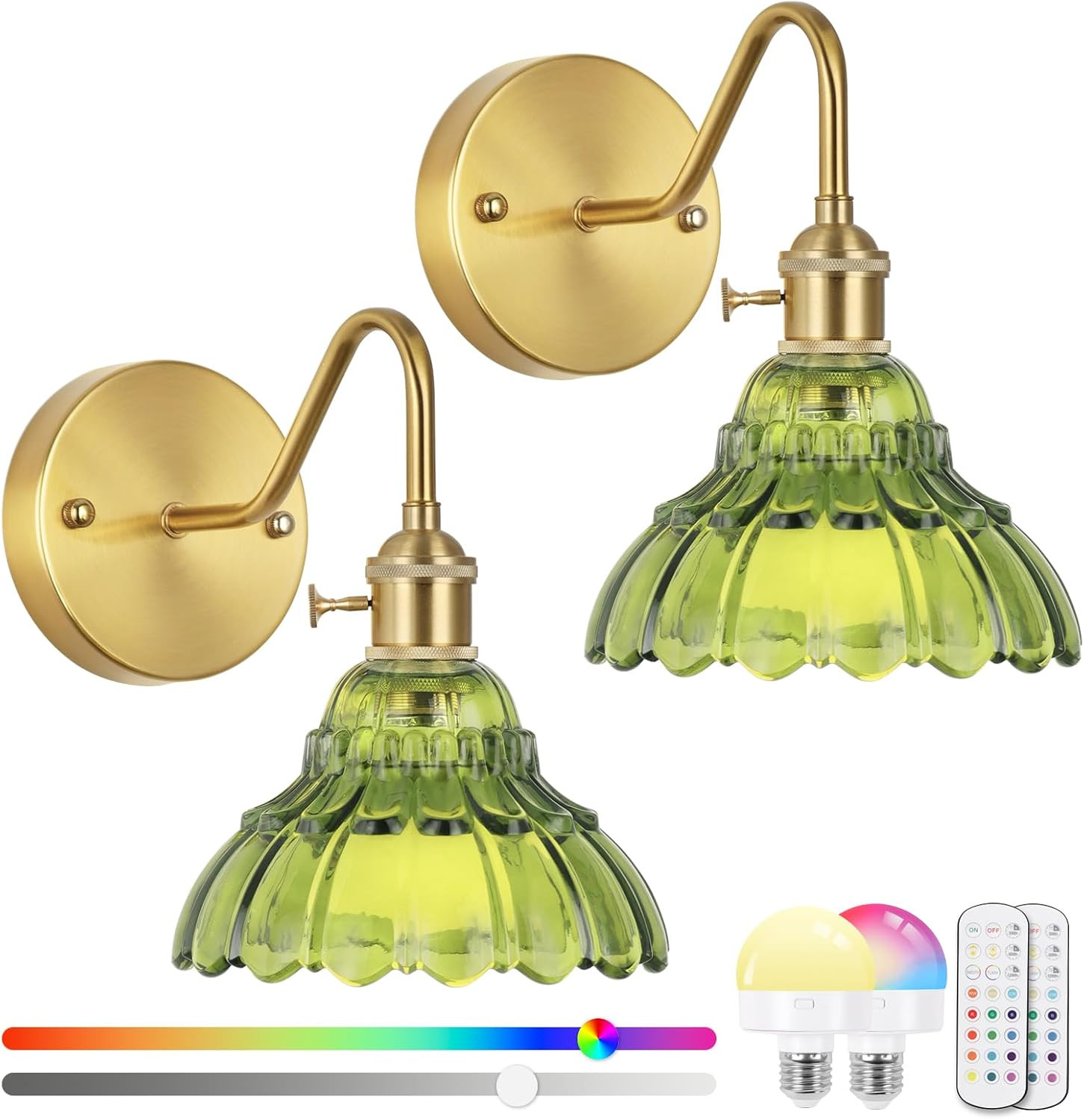 Vintage Battery Operated Wall Sconces Set Of Two, Indoor not Hardwired Brass Green Glass Lampshad... | Amazon (US)