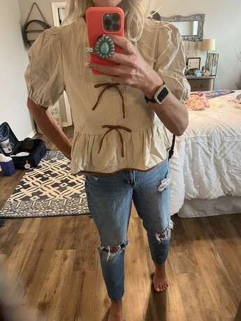 Easowa Women's Casual Puff Sleeve Contrast Color Bowknot Blouse, Daily Basic Short Sleeve Top, Sp... | SHEIN