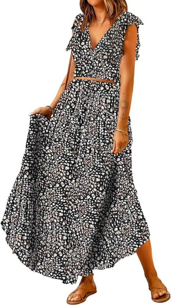 Dokotoo Women's Boho Dress Deep V Neck 2 Piece Skirt Sets Ruffle Cap Sleeve Tie Waist Wrap Chiffo... | Amazon (US)