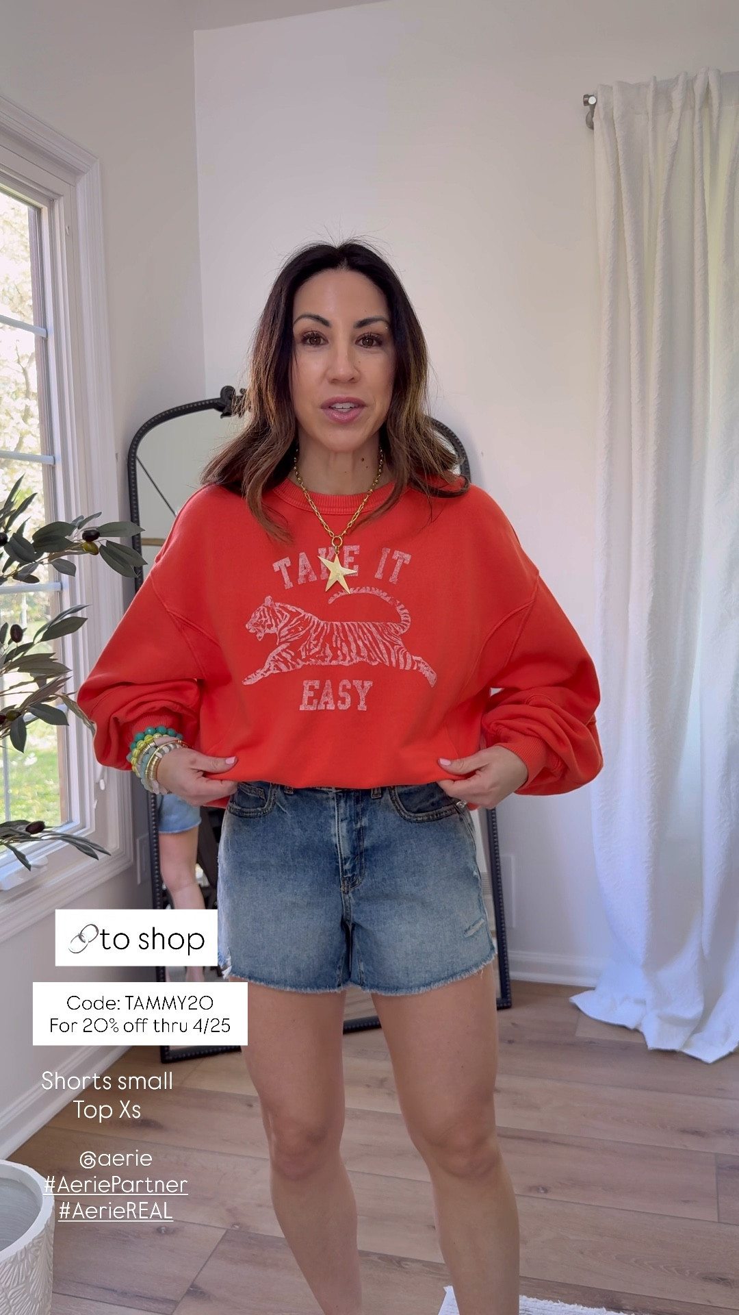 Code: TAMMY20. Oh happy day! I've got a code for @Aerie and the cutest new spring outfits in this Aerie haul. New pants, denim shorts, sets and all the comfy mom on the go looks. Use my stackable code TAMMY20 for 20% off sitewide (excludes clearance and 3rd party) thru 4/25! #AeriePartner #AerieREAL #aerie #ad 

Shorts small. Wide leg pants small short. Green pants Xs short. Denim shorts small. Orange sweatshirt XS. Tee/tank small. Gauze top small. Zip up small. Taupe sweatshirt small but need XS. Blue sweatshirt small. Joggers XS short. 

Aerie 



#LTKSaleAlert #LTKxAerie #LTKPetite