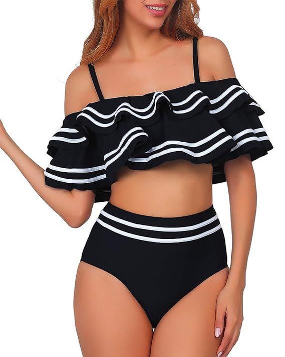 Women 2 Piece Vintage Navy Ruched Flounce Off Shoulder Crop Top with High Waist Bottom Bikini Set... | Amazon (US)