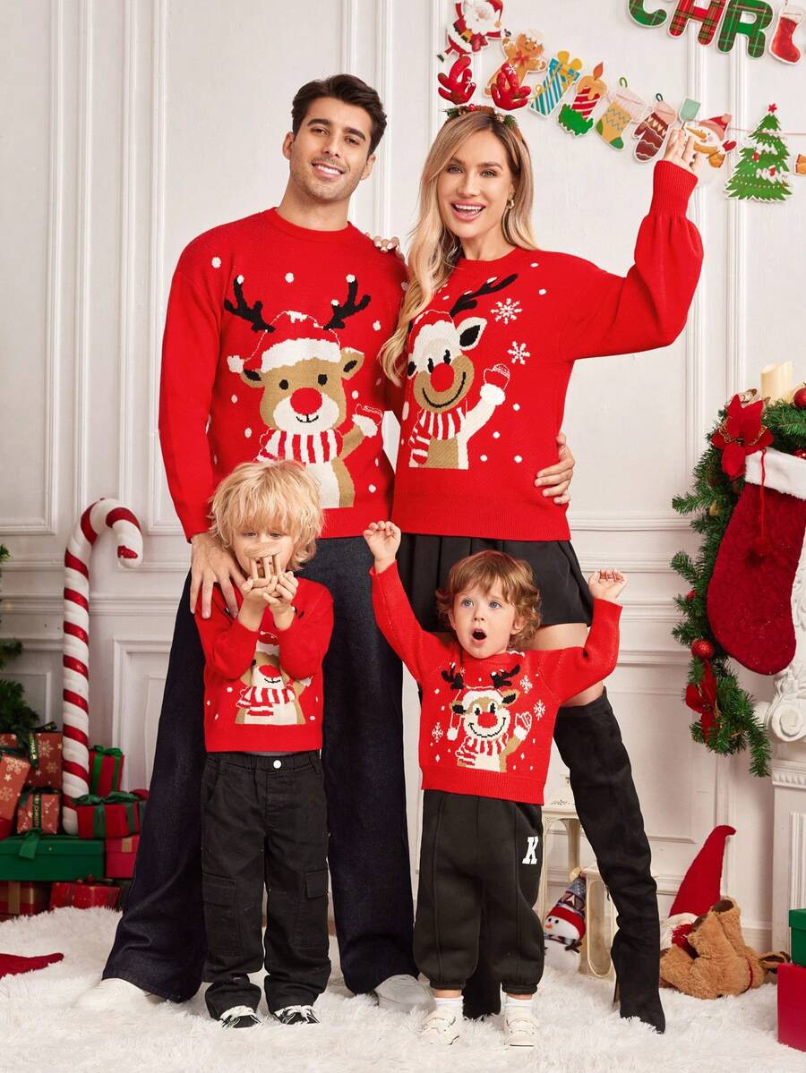 Manfinity RelaxMax Men's Christmas Red Reindeer Pullover Knit Sweater With Rib-Knit Round Neck An... | SHEIN