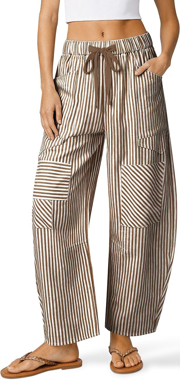 TARSE Womens Striped Linen Barrel Pants with Pockets Y2k Patchwork | Amazon (US)
