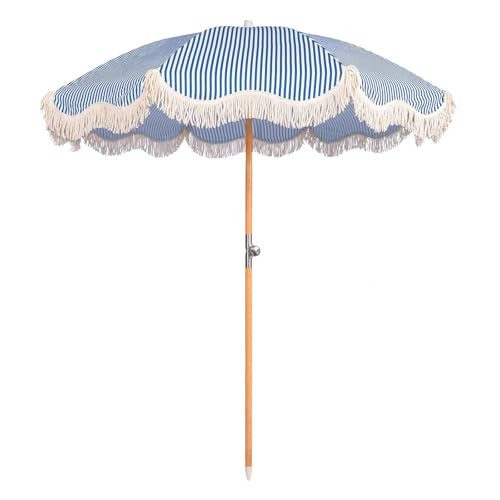 Funsite 6.5ft Boho Beach Umbrella with Fringe, UPF 50+ Tassel Umbrellas with Carry Bag, Premium Wood Pole Foldable Patio Umbrella for Outdoor Holiday Garden Lawn Pool Yard Table, Blue Stripe | Amazon (US)