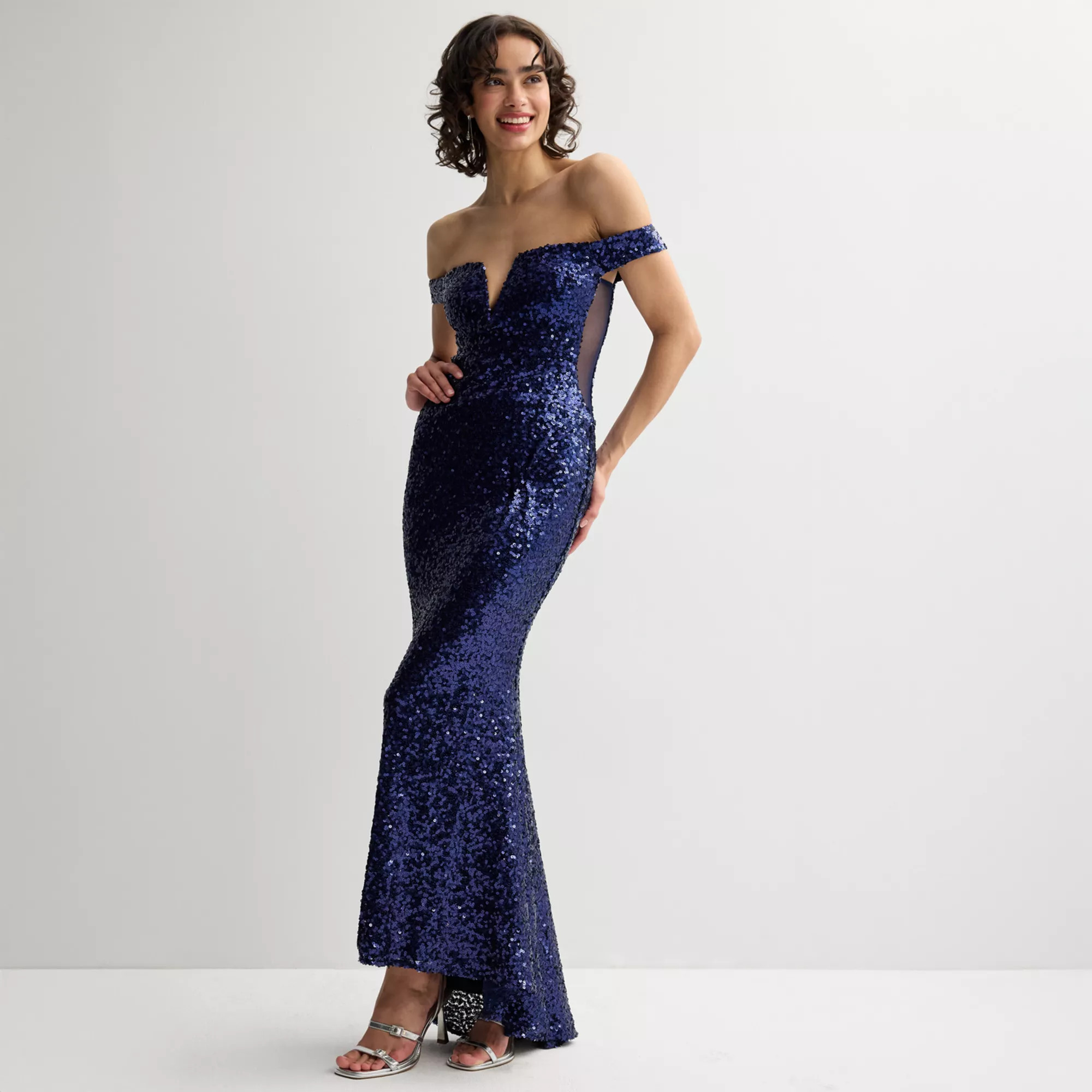 Juniors' Jump Apparel Sequin V-Front Off The Shoulder Gown | Kohl's