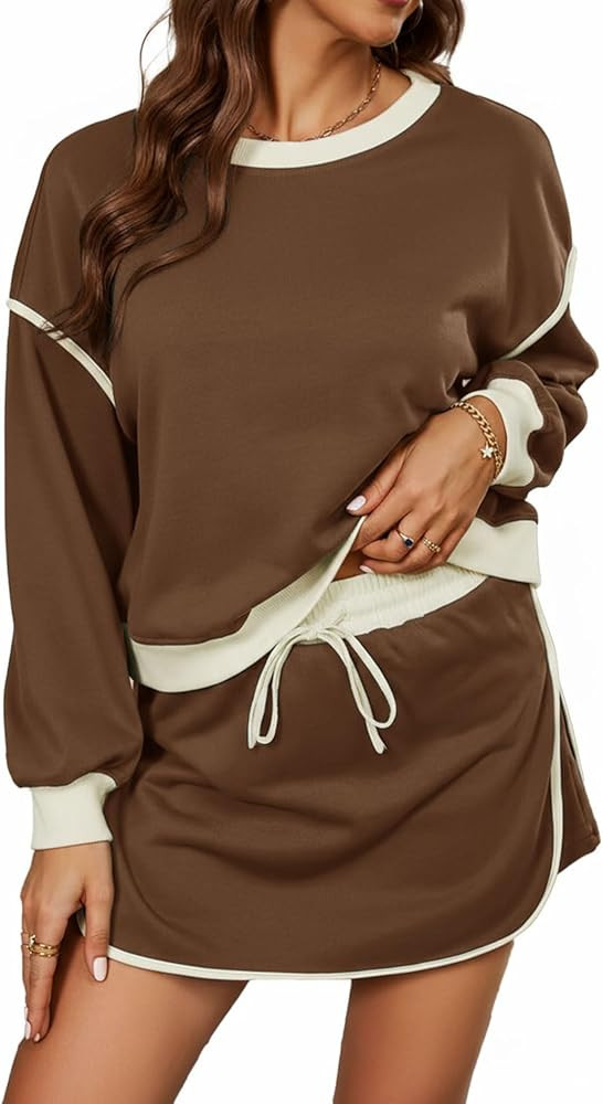 Women's 2 Piece Outfits Fall Casual Long Sleeve Sweatshirts and Drawstring Skort Matching Skirt L... | Amazon (US)