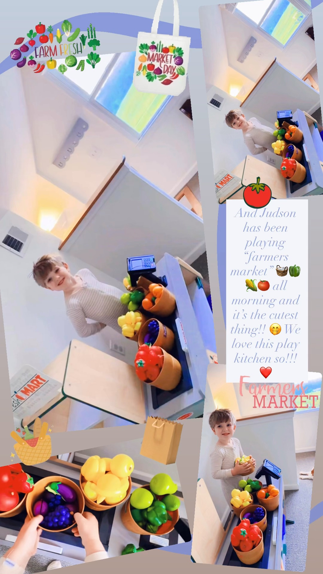 And Judson has been playing “farmers market” 🧺🫑🌽🍅 all morning and it’s the cutest thing!! 🤭 We love this play kitchen so!!! ❤️