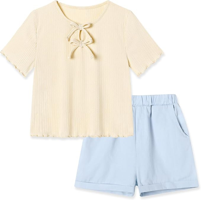 SANMIO Girls 2 Piece Outfits Summer Toddler Girl Clothes Bows Ruffle Ribbed Short Sleeves Tops an... | Amazon (US)