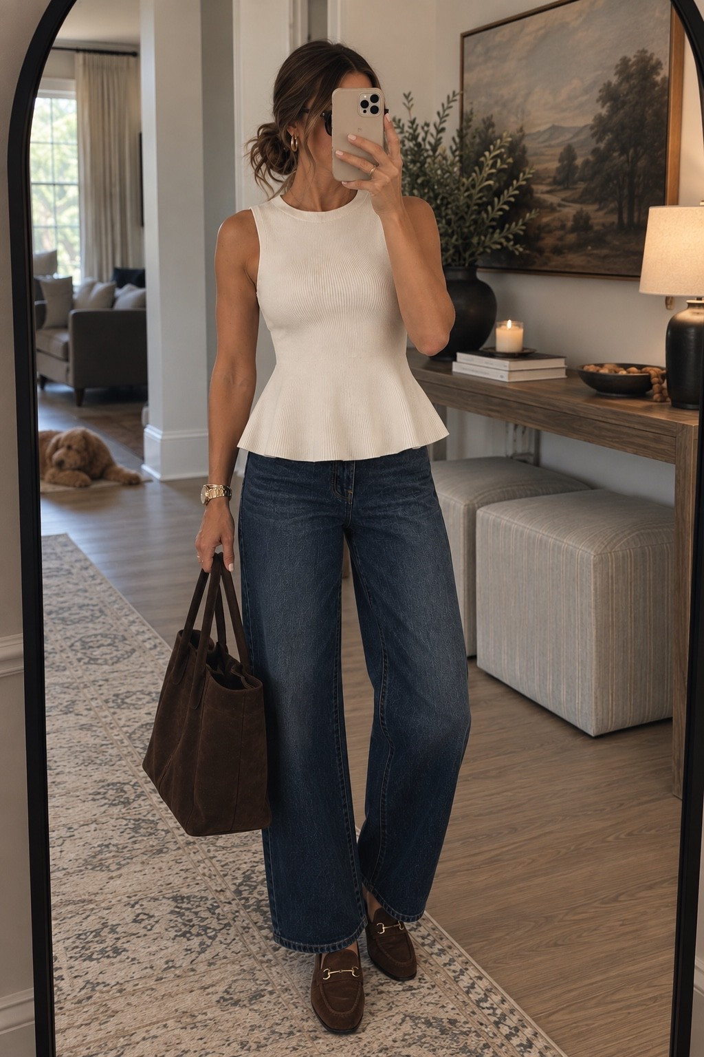 Abercrombie fall outfit 🤎 The cutest cream peplum sweater tank styled with dark wash barrel jeans, a sweater over the shoulders, brown suede loafers and a chocolate brown tote. Such an easy fall outfit for work, date night or casual weekends! #Abercrombie #AbercrombieStyle #FallOutfit #FallFashion #BarrelJeans #LTKStyle

#LTKSaleAlert #LTKSeasonal #LTKootd