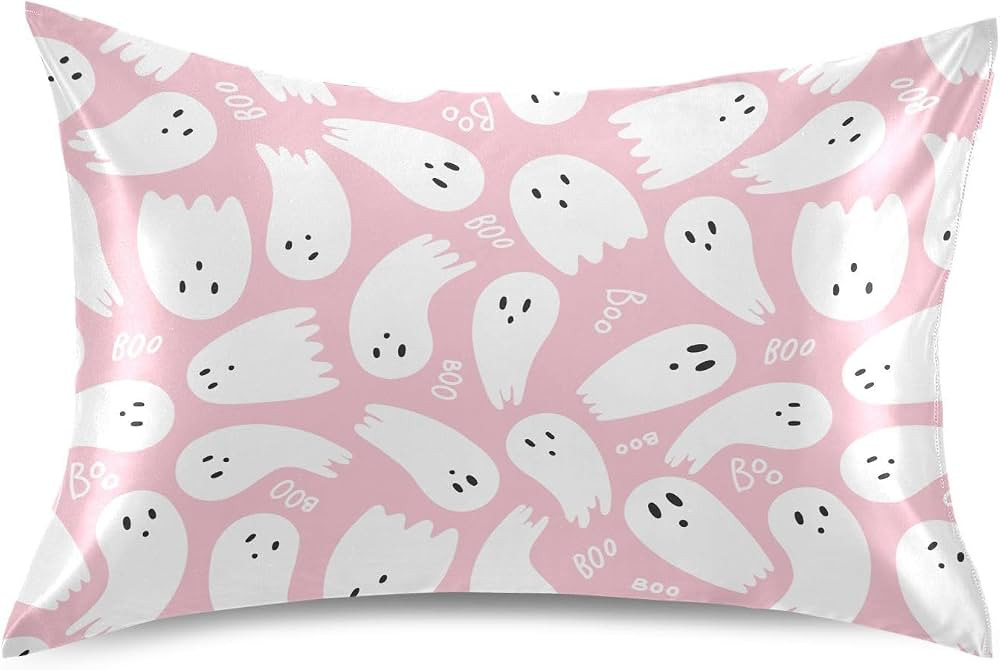 Satin Pillowcase for Hair and Skin, Ghost and Boo Pink Halloween Silk Pillow Case Soft and Cozy B... | Amazon (US)