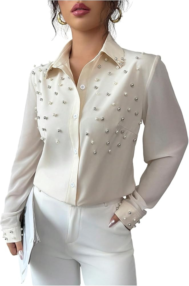 SweatyRocks Women's Pearl Elegant Tops Button Down Shirts Long Sleeve Work Office Blouse | Amazon (US)