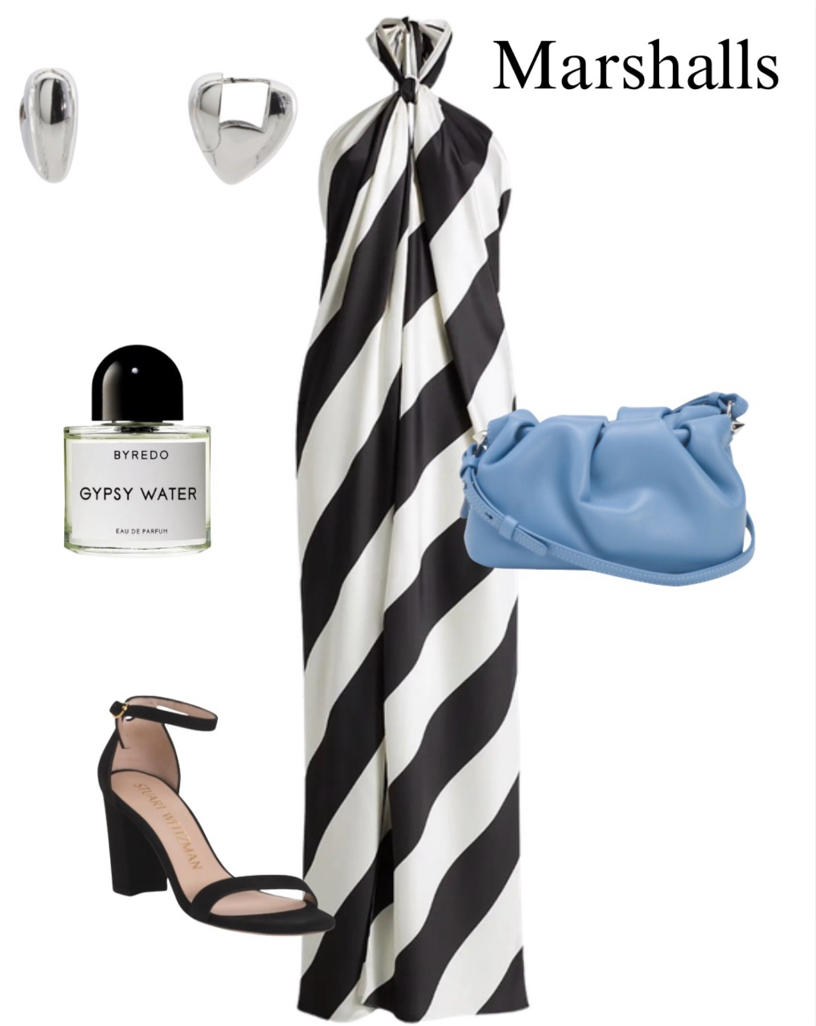 Outfit idea on sale from Marshall’s , black and white striped maxi dress, black heels, blue purse, Gypsy, water, perfume, silver earrings, date night, summer outfit idea.

#LTKootd #LTKSaleAlert