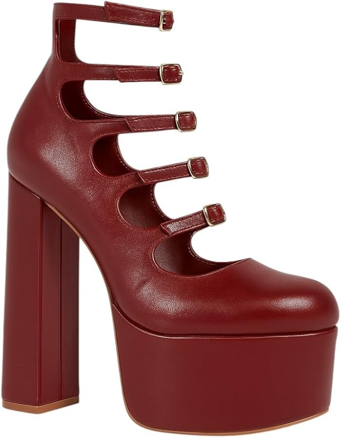 Liliana Women Chunky High Heel Platform Buckle Strappy Pumps Shoes | Amazon (US)